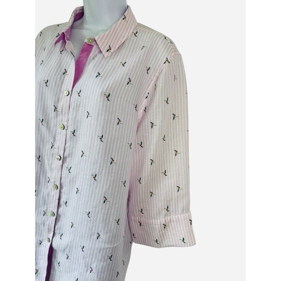 Chicos 3 Top No Iron Linen Shirt Pink Striped Hummingbird Button Up XL - Picture 4 of 7